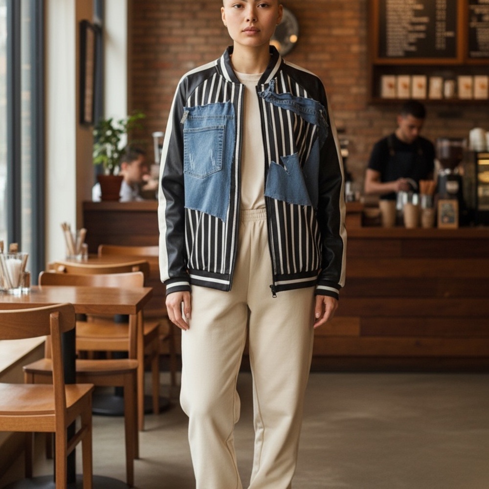 Striped Black And Denim Patch Jacket - image 1